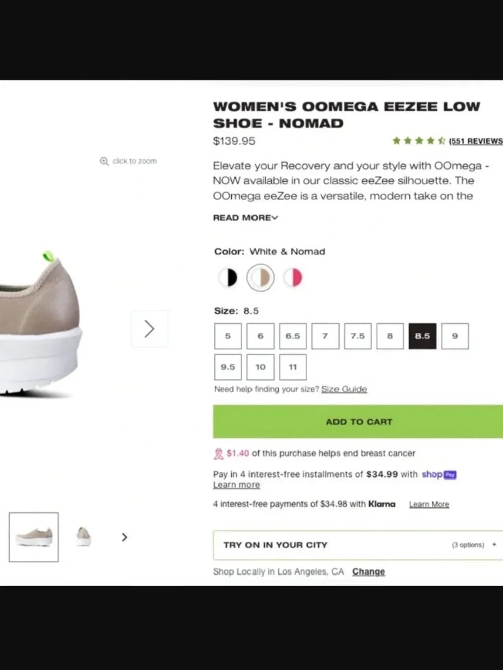 (New) OOFOS – OOmega eeZee Low Recovery Shoes (Nomad/White) – Women's 8.5
